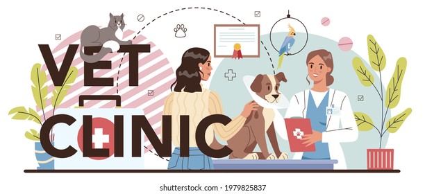 Vet clinic typographic header. Veterinary doctor checking and treating animal. Idea of pet care. Animal medical treatment and vaccination. Vector flat illustration