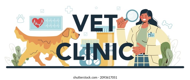 Vet clinic typographic header. Veterinary doctor checking and treating animal. Idea of pet care, animal medical vaccination, diagnosis. Vector flat illustration