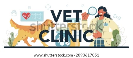 Vet clinic typographic header. Veterinary doctor checking and treating animal. Idea of pet care, animal medical vaccination, diagnosis. Vector flat illustration