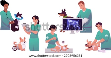 Vet clinic vector flat illustrations set. Cartoon sick dogs and cats visiting veterinary doctor, x-ray diagnostic and treatment injection. Animal hospital scenes isolated on white background