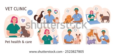 Vet clinic vector illustration set in flat cartoon style. Pet health, veterinary consultation, animal care, dogs, cats, rabbits. Vet doctors use medical tools, online service for domestic animals