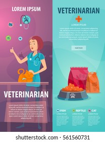 Vet clinic vertical banners with pet doctor stroking cat and animal food vector illustration  