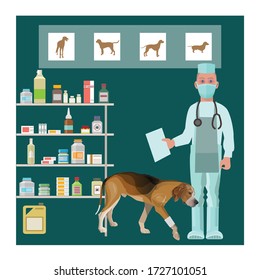 Vet clinic with veterinarian doctor in mask and sick dog. Vector illustration isolated on white background