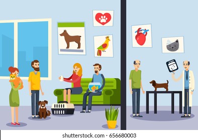 Vet Clinic Waiting Room And Veterinarian Office Dog Check Up Process Flat Orthogonal Flat Banners Vector Illustration 