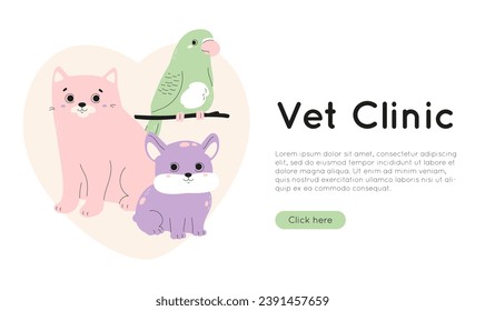 Plantilla de banner web de la clínica de veterinaria con animales domésticos lindos. El gato, el cachorro y el budgie sobre fondo de forma abstracta del corazón. Concepto de cuidado de mascotas. Ilustración vectorial con perro pequeño, loro en rama, gatito.