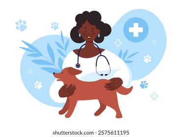 A vet clinic worker black woman, animal doctor with stethoscope and puppy. World Veterinary Day. Isolated vector in flat style for flyer, banner, landing page, blog of veterinary clinic, hospital