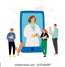 Vet consultation online. Veterinary concept. Vector pet owners and veterinarian. Tiny people characters