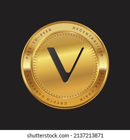 VET Cryptocurrency logo in black color concept on gold coin. Vechain Coin Block chain technology symbol. Vector illustration.