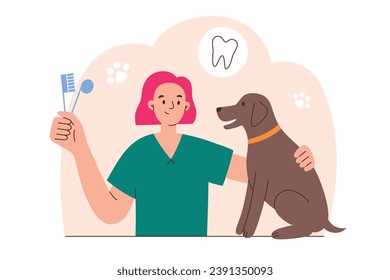 Vet dentistry hand drawn composition, female veterinarian with toothbrush, dog dental care, vector illustration for veterinary clinic, animal dentist, healthy teeth, medical and hygiene service