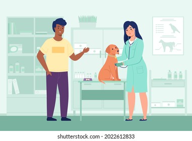 Vet doctor appointment. Nurse examines dog in veterinary office, woman listen pet with stethoscope, medical treatment, animal health care. Doctor with patient. Vector cartoon concept