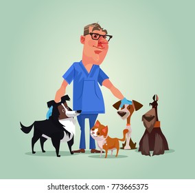 Vet doctor character with cats and dogs. Vector cartoon illustration