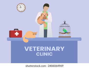 vet doctor checking a dog in veterinary clinic, veterinary holding a dog and checks it's health illustration, pets doctor concept, health care, and medical for pets