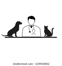 vet doctor with dog and cat on a white background