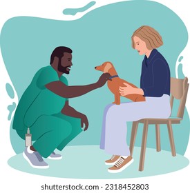 Vet doctor with a dog and his owner. Cartoon veterinarian examining cute pet. Dogs and cats treatment. Vector illustration in flat style.