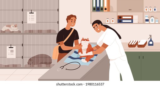 Vet doctor examining cat patient on table in veterinarian clinic. Nurse checking pet in animal hospital for inpatients. Owner holding kitten during medical checkup. Colored flat vector illustration.