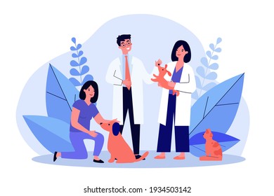 Vet doctor and his assistant examining dogs and cat. Flat vector illustration. Veterinary clinic, healthcare service, medical center for domestic animals concept for banner, website, landing page