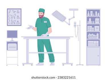 Vet doctor in his office waiting for appointment. Veterinary clinic room with examination equipment. Flat vector illustration.