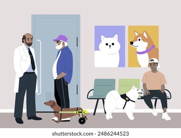 A vet doctor listens to a patient as a dachshund in a wheelchair harness waits nearby, A non-binary person sits with another dog across from them