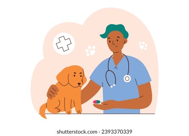 Vet doctor treating Labrador puppy, male doctor with dog hand drawn composition, vector illustration for veterinary clinic, pet health care, medicine for domestic animals, veterinarian hospital scene