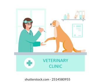 Veterinário médico mulher jovem dando injeção ao cão na clínica Veterinária. Vacinação, medicina e cuidados com animais. Adoção, caridade, amor, voluntariado. Ilustração plana vetorial isolada sobre fundo branco.