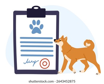 Vet document. Dog passport. Health certificate for transportation. Travel with pet. Paper at clipboard. Veterinary board. Doggy medical prescription. Animal care. Puppy vaccination. Vector concept