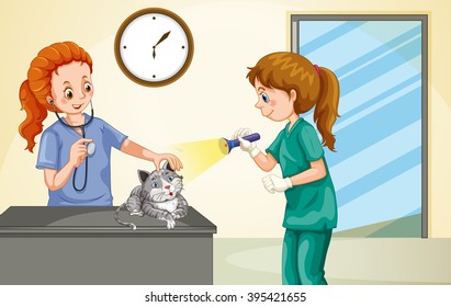 Vet examining little cat illustration