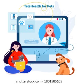 Vet examining pets online. Video chat with doctor. Telemedicine for animals. Remote Veterinary help. Conference service patient and Veterinarian. 