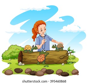 Vet examining three turtles illustration