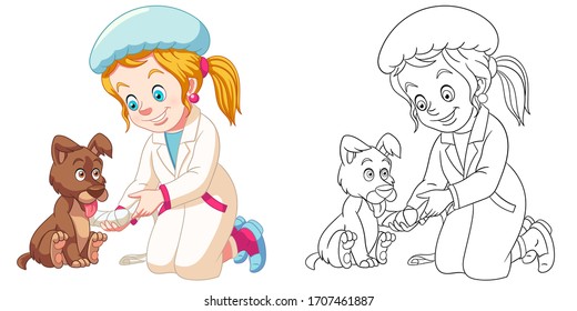 Vet girl, young veterinarian helping a dog. Coloring page and colorful clipart character. Cartoon design for t shirt print, icon, logo, label, patch or sticker. Vector illustration.