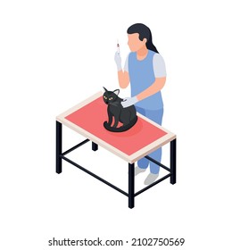 Vet giving injection to cat isometric icon 3d vector illustration
