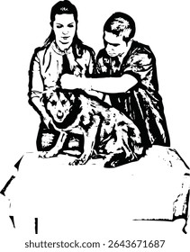 Vet male cleaning dog ears and his owner woman support dog isolated onw hite background
