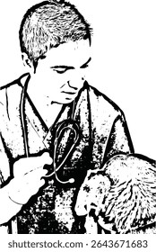 Vet masculino explicando a um cão como tomar uma pílula isolada no fundo branco