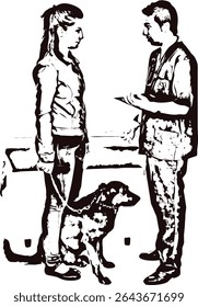 Vet man explaining owner womanw ith dog the treatment for pet  in his office