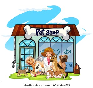 Vet and many pets at pet shop illustration