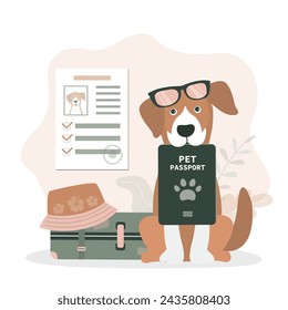 Vet passport, veterinary document that allows to travel with pet. Vet passport confirming presence of vaccinations for pet. Dog holds document for traveling. Cute animal with ID. vector illustration