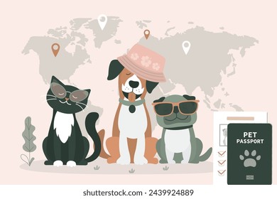 Vet passport, veterinary document that allows to travel with pet. Vet passport confirming vaccinations for pet. Dogs and cat ready to journey. Cute animals with ID. flat vector illustration