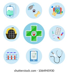 Vet pet fish bone set concept Green pharmacy cross dropper stethoscope syringe pills tablets test tubes first aid application form card carrying traces animals Modern flat vector illustration icons