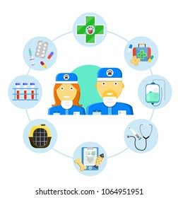 Vet pet medical set concept tolls devises Two cute smile male female doctors Fish bone dog cat animal track traces stethoscope first aid dropper Modern flat vector illustration icons Isolated on white