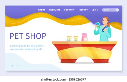 Vet or pet shop, dog and cat food and care products web landing page vector. Domestic animal healthcare, medicine and veterinarian goods. Vendor and counter, pet shampoo and nutrition illustration