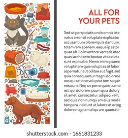 Vet or pet shop, dog and cat food and care products banner vector. Domestic animal healthcare, medicine and veterinarian goods. Bed and brush, cage and leash, collar and bone, mouse and clothes