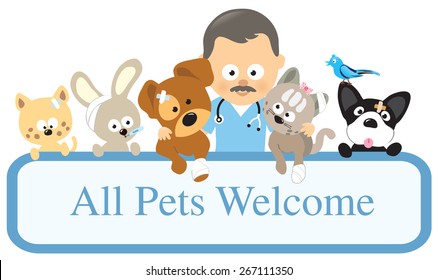 Vet and pets holding sign 