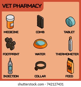 Vet pharmacy color outline isometric icons