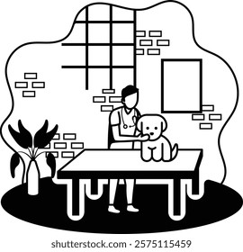 Vet physician Holding kitty vector design, Pet foster and hotel Symbol, kennel animals Sign, Human-animal interaction scene illustration, veterinary doctor examining the Cute Puppy concept