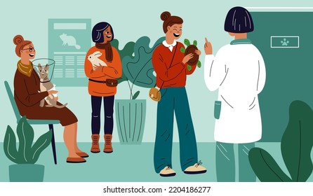 Vet Reception. Veterinary Clinic Registration Desk. Owners With Pets. Waiting Queue. Veterinarian Appointment. Health Care. People With Animals. Hospital Lobby. Garish