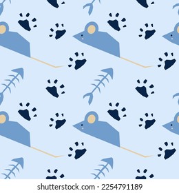 Vet seamless endless repeating pattern with mouse, fish skeleton and paws on light blue background. Vector illustration for prints, for wrapping paper, for fabric, for textile