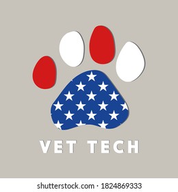 Concepto de la semana de la tecnología Vet, pancarta vectorial de los médicos mascotas. Tarjeta de asistente de veterinaria. Cartel de un técnico veterinario. Bandera estadounidense y pezuña animal en gris.