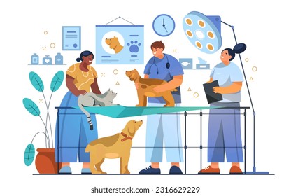 Vet or veterinary clinic illustration. Vector sign for pet care. Veterinarian visit for cat and dog. Medical checkup for domestic animal. Consultation or vaccination, diagnostic for pets. Clinic visit