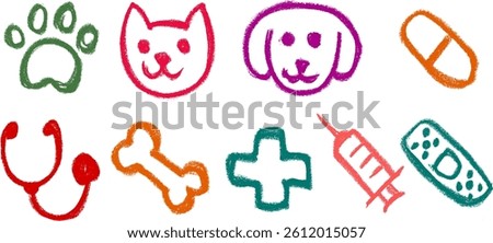 Vet Veterinary Small Icons Crayon Chalk Drawing Vector Set