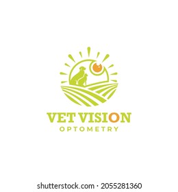 vet vision optometry logo, vector scenery eye sun with cat and dog in the hill 