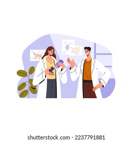 Vet volunteers caring about cute kitten. Veterinarians feeding little adopted cat in veterinary clinic. Medical help for feline animal, kitty. Flat vector illustration isolated on white background